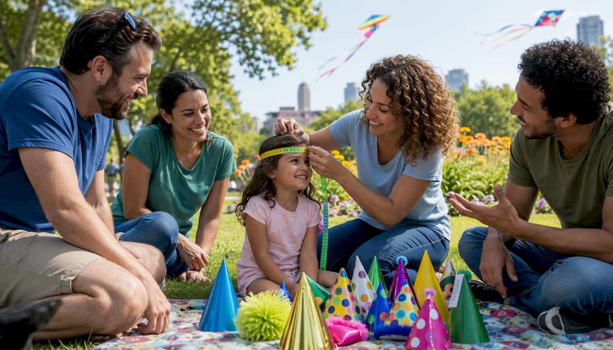 Group measuring party hat sizes outdoors party