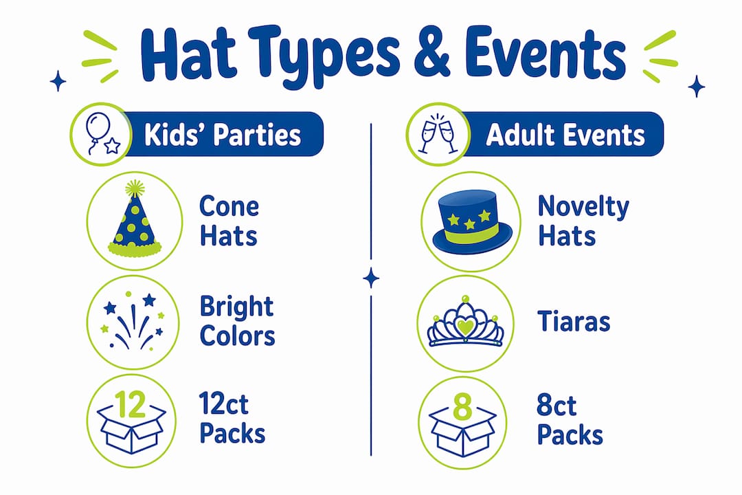 Infographic comparing party hat types for kids and adults