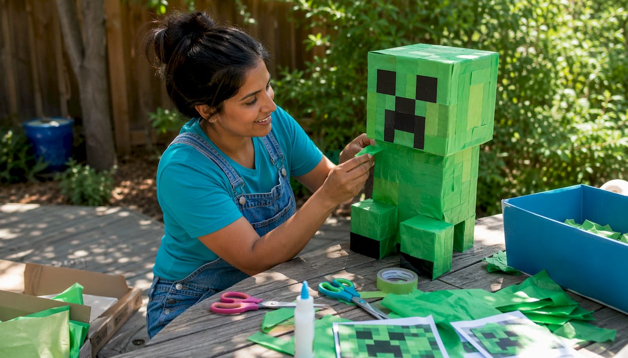 Hands crafting DIY Minecraft Creeper pinata