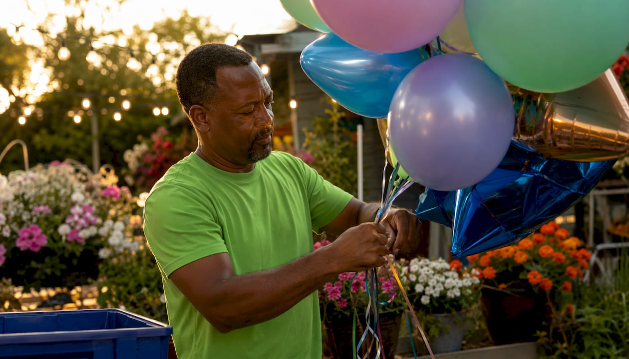 Hands tying helium balloons in venue