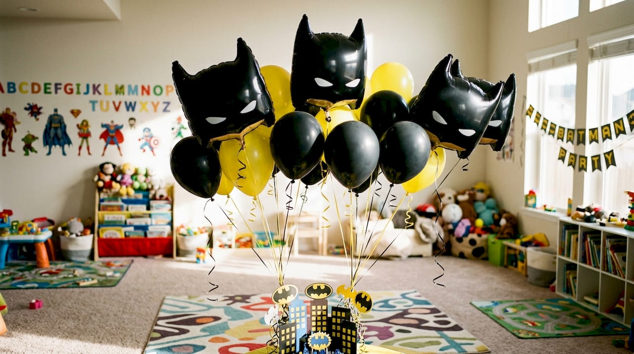 Cluster of Batman latex and foil balloons