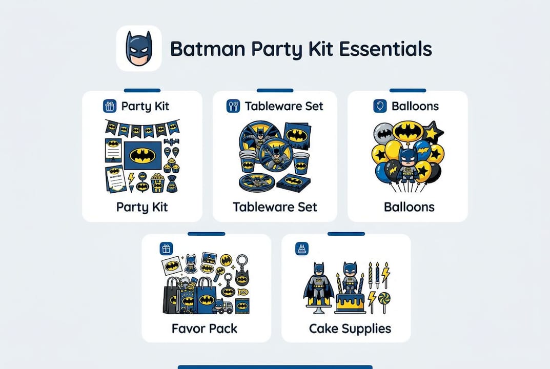 Infographic outlining Batman party kit essential components