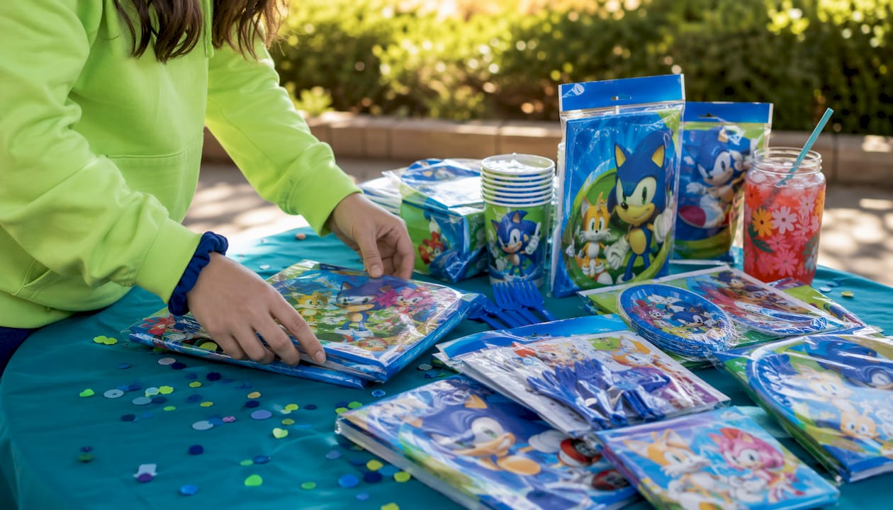 Hands sorting Sonic party supply kits on desk