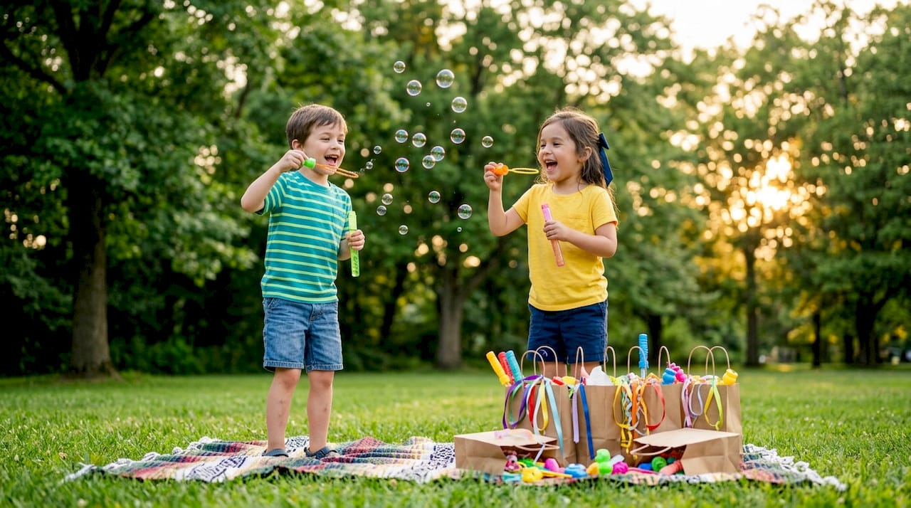 Children outdoors playing with bubble wand party favors.