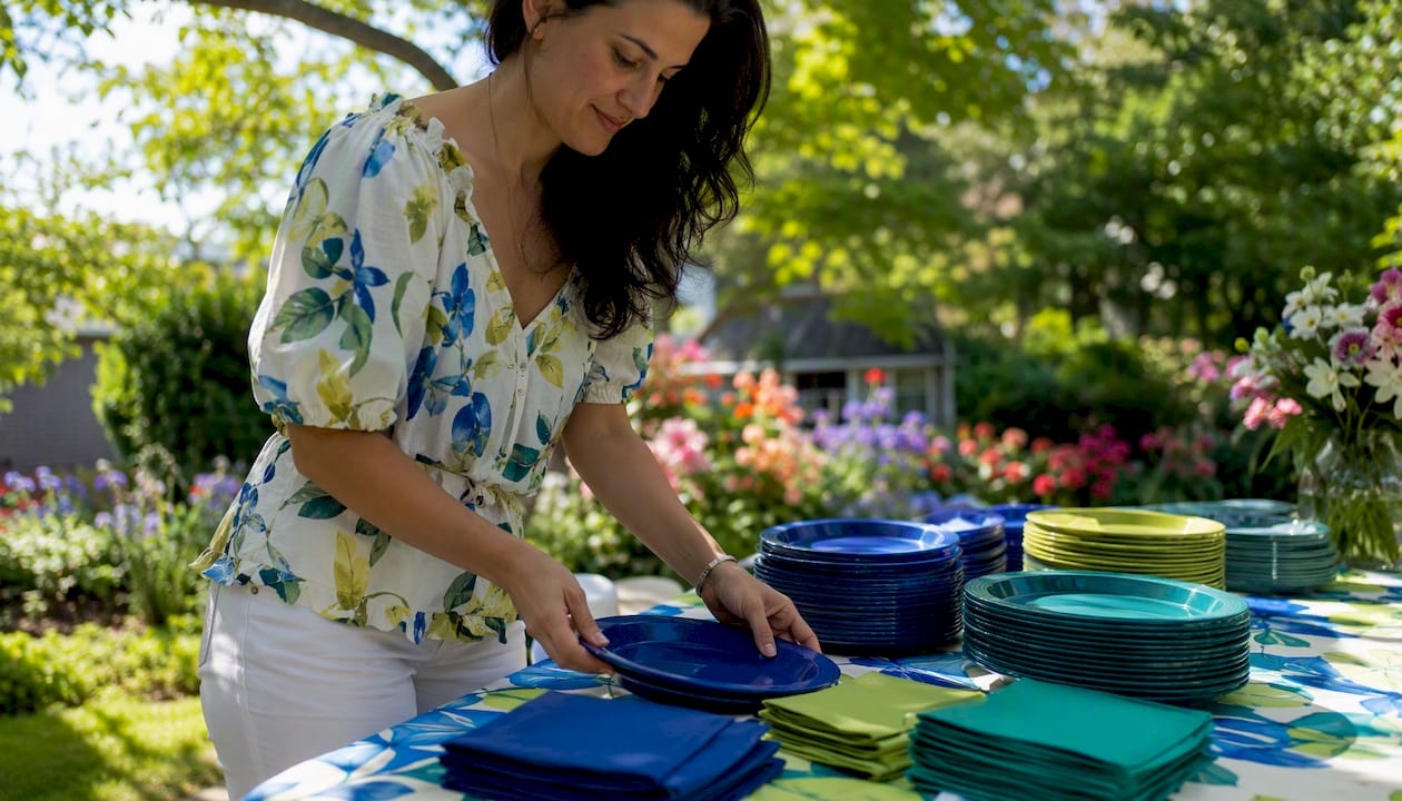 Man arranging disposable tableware on buffet