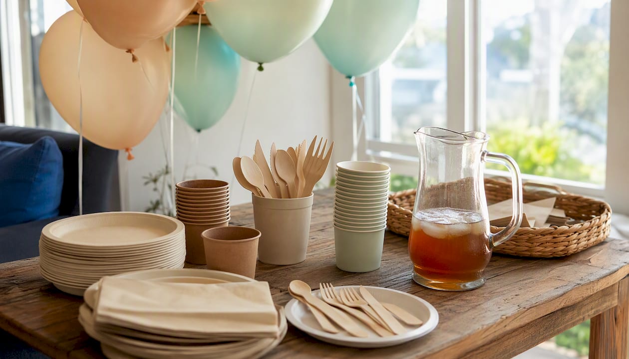 Neutral base party decor with balloons and tableware