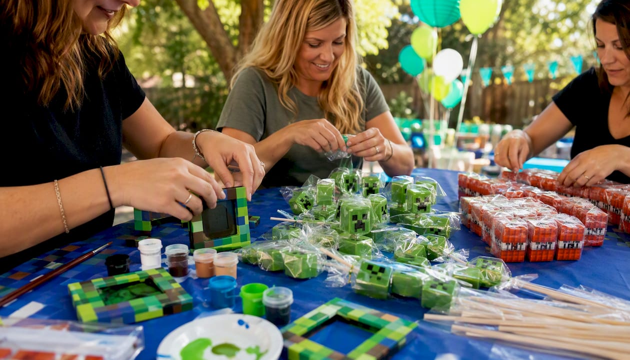 Hands assembling Minecraft party favors on an assembly line