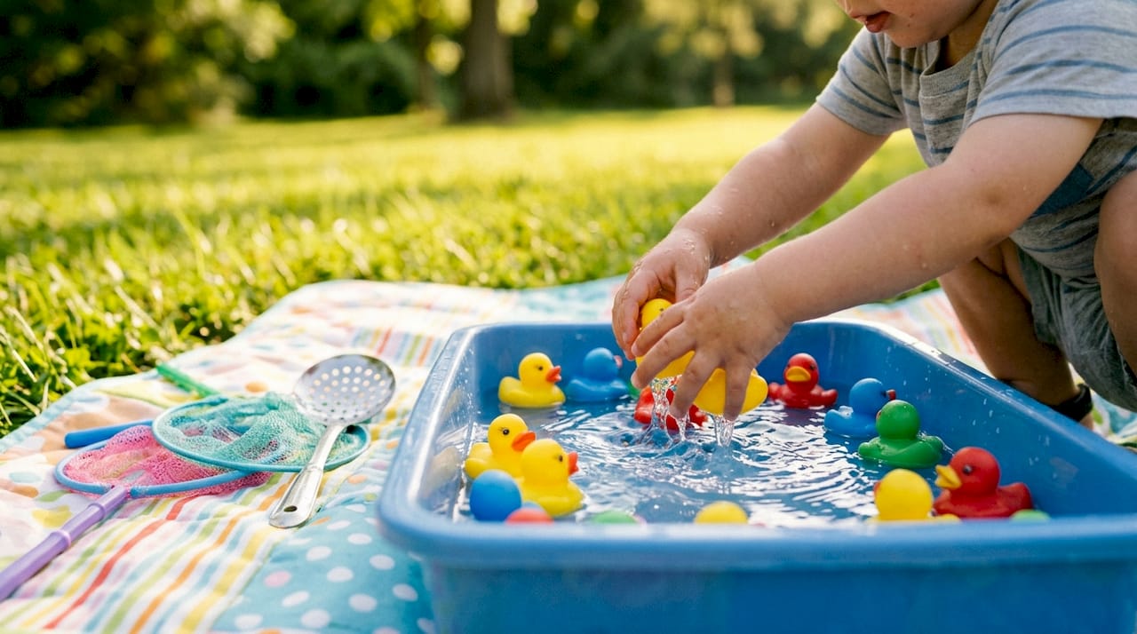 Toddler playing duck pond fishing game