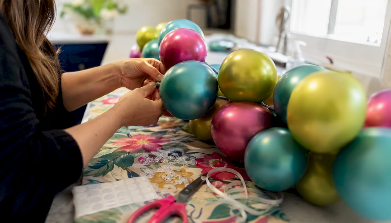 Hands assembling balloon garland kit on table