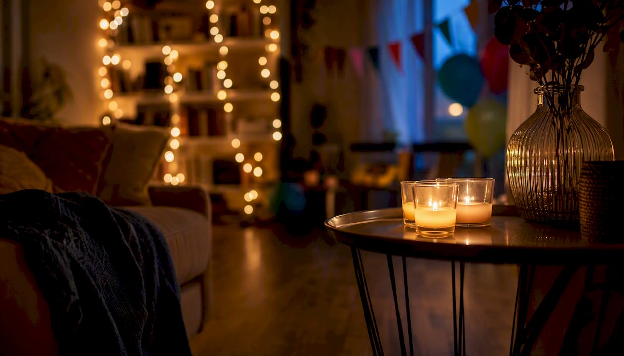 LED string lights and battery tea lights glowing indoors
