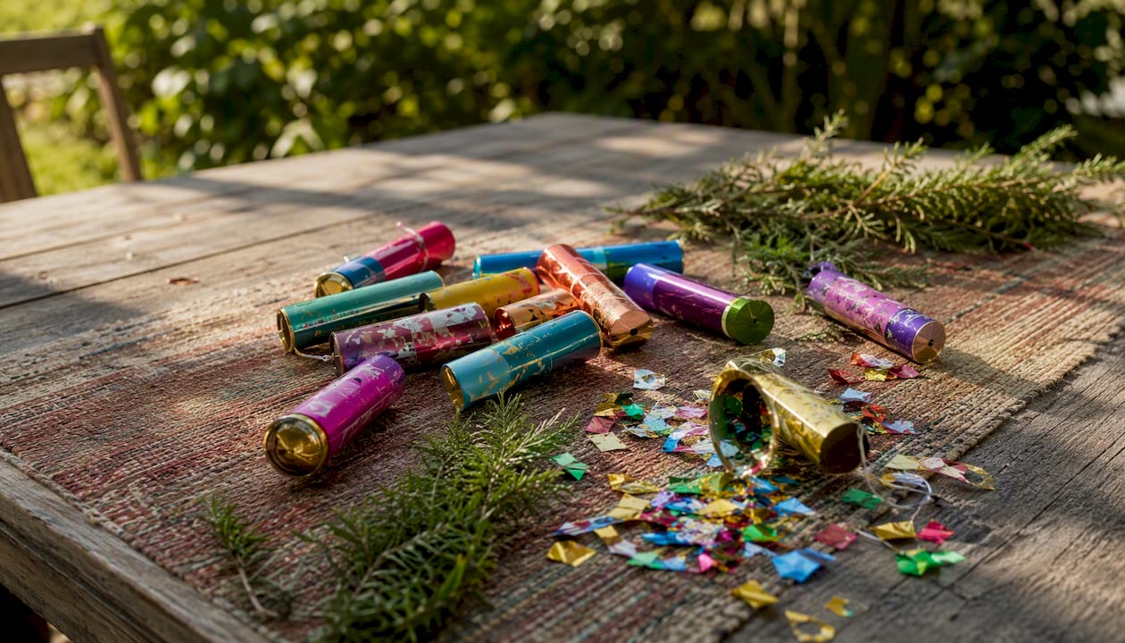 Basket of confetti poppers on party table