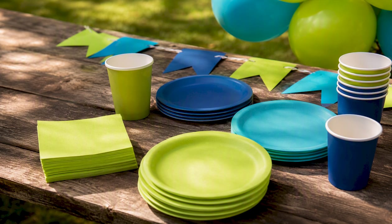 Flat lay of curated party decoration set components
