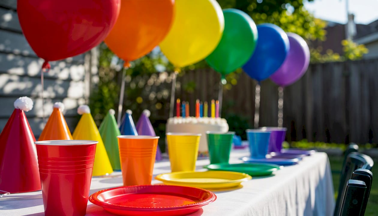 Rainbow balloons and tableware at kids party