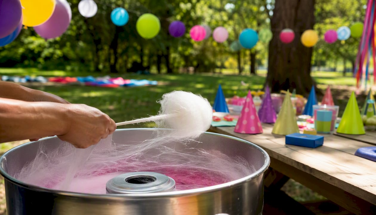 Hands making cotton candy at outdoor party