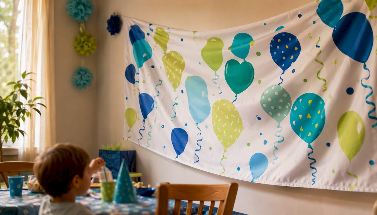 Smooth fabric birthday banner indoors
