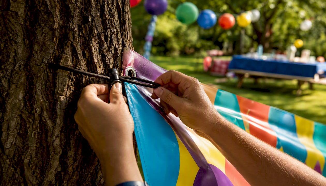 Hands fastening outdoor birthday banner with bungee cords
