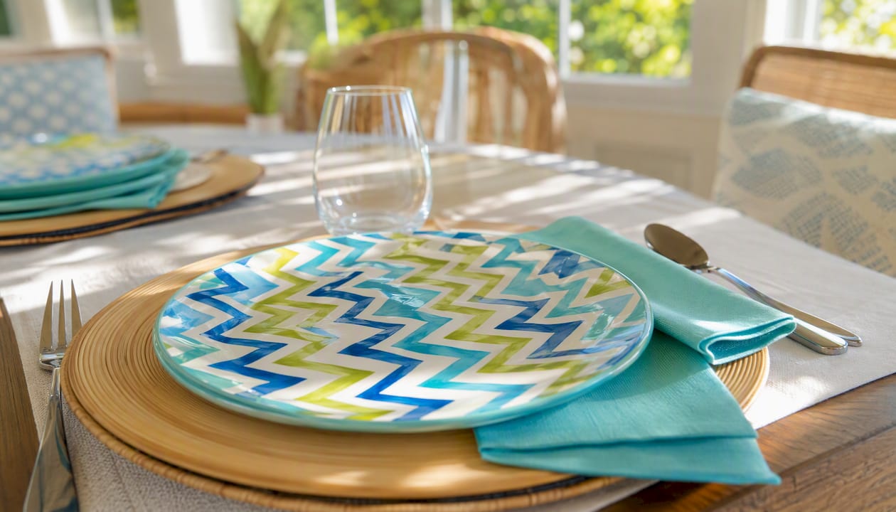 Patterned plate with solid napkins and charger