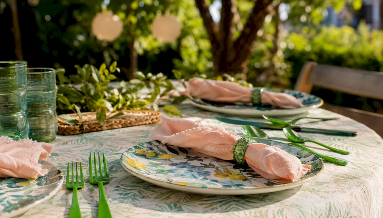 Festive green flatware on styled dinner table