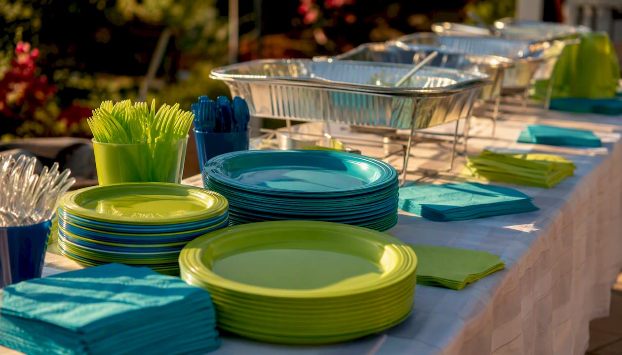 Buffet table with disposable tableware and serving platters