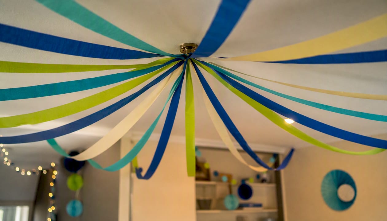 Colorful starburst canopy streamers on ceiling