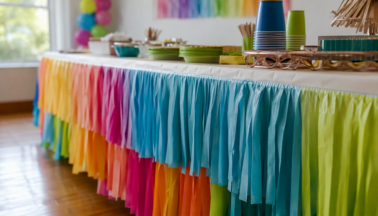 Layered fringed crepe paper table skirt detail