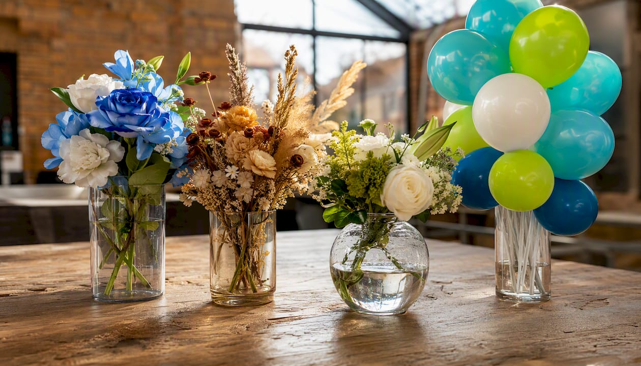 Fresh, dried, silk, and balloon centerpiece samples