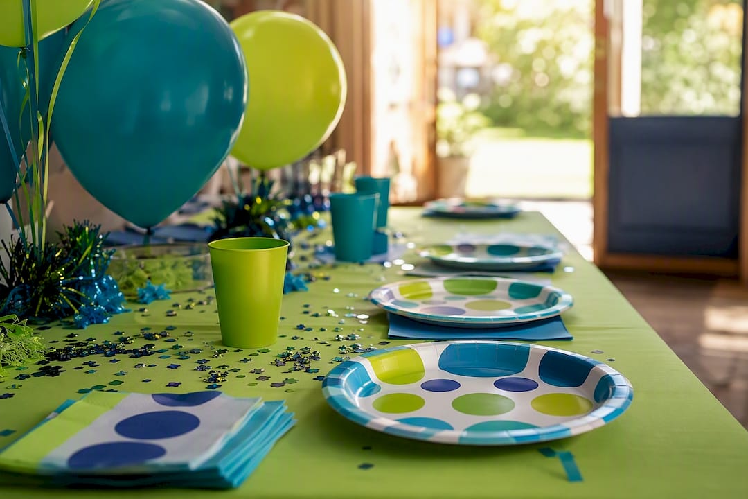 Close-up colorful party tableware and balloons