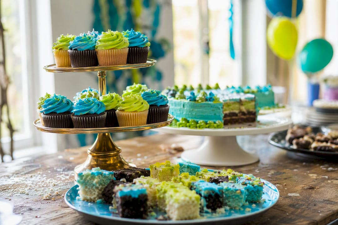 Tiered serving trays with graduation party food