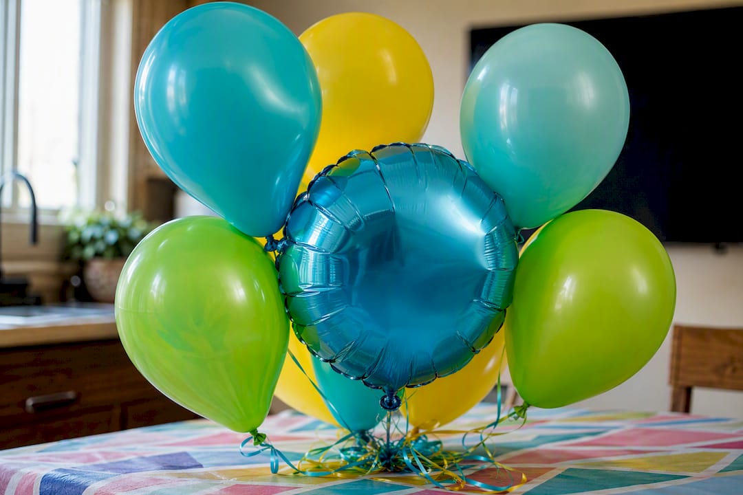 Close-up helium latex and foil balloons floating