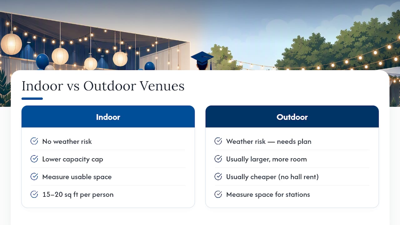 Comparison diagram of indoor versus outdoor party venues