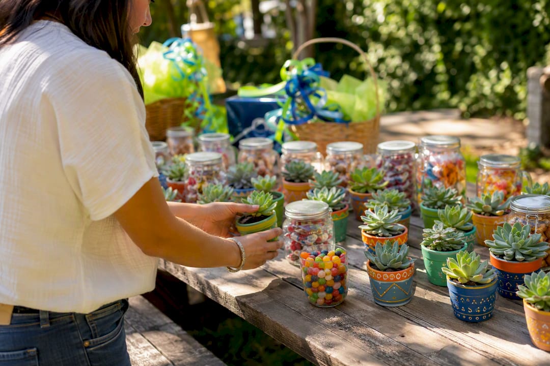 Mini succulents and candy jars as graduation favors