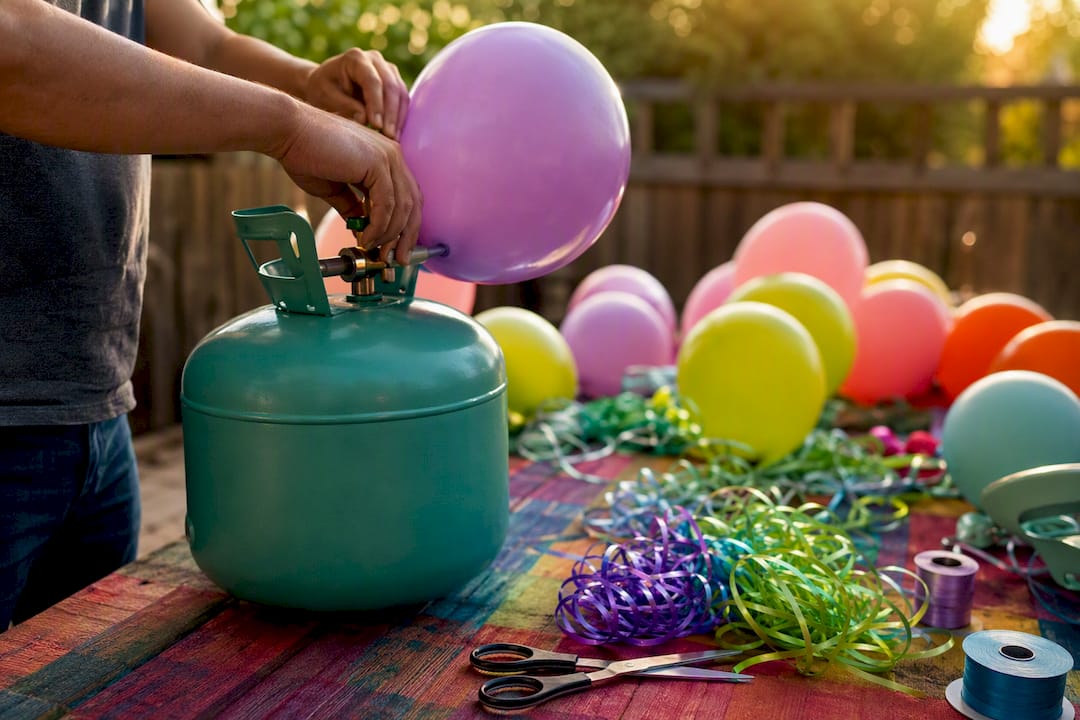 Helium tank with balloons inflating