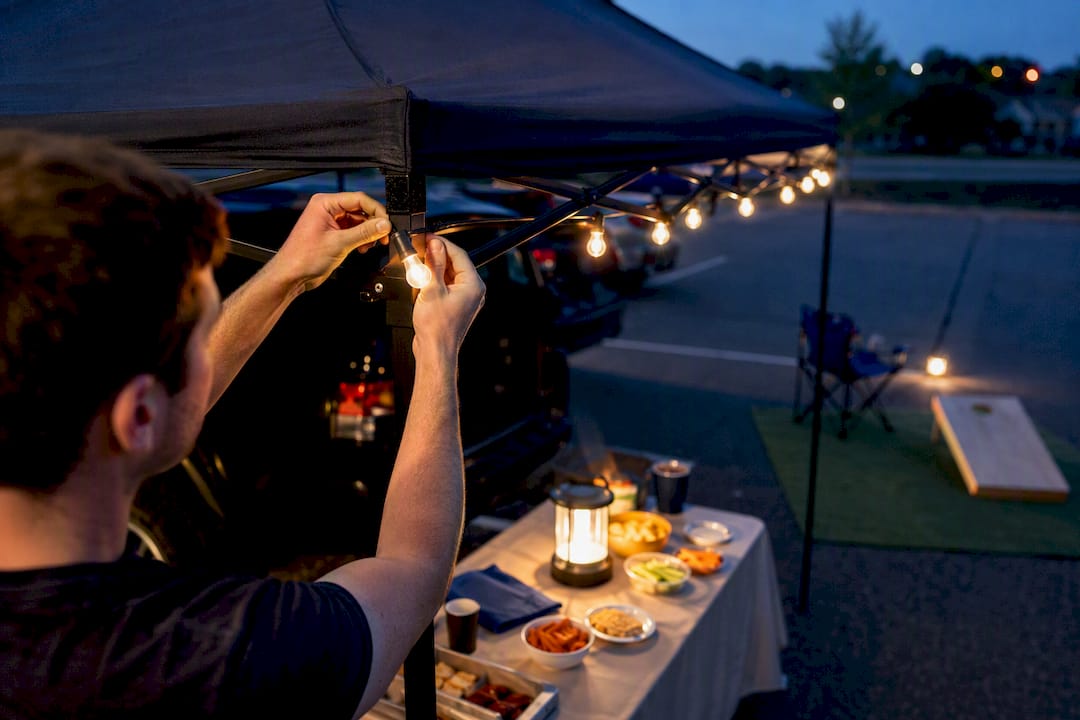 String lights illuminating tailgate zones