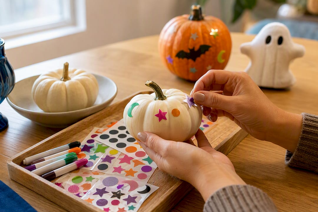 Hands decorating pumpkins at family party station
