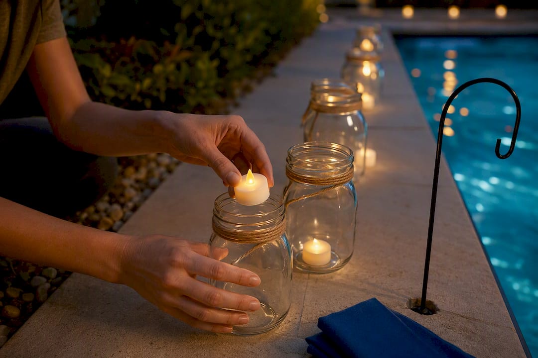 Hands assembling mason jar walkway lanterns