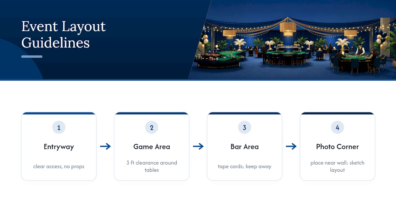 Casino party layout with walking clearances