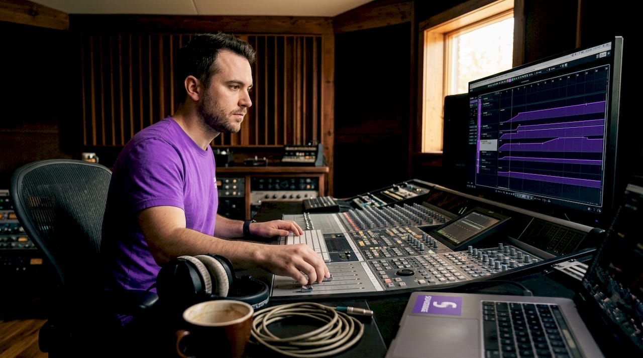 Mixing engineer working on automation in studio