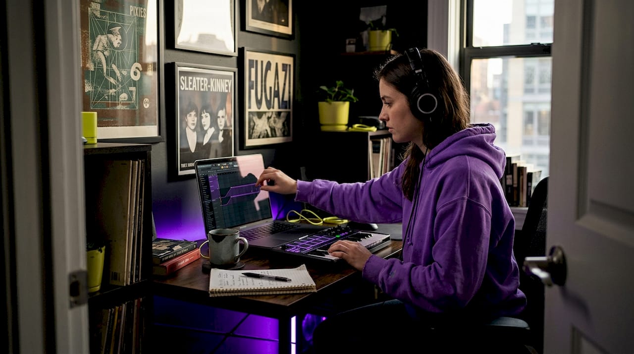 Woman editing automation in home studio