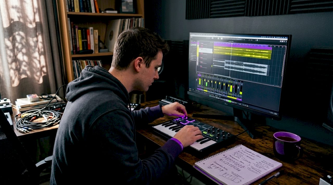 Music producer working at home studio desk