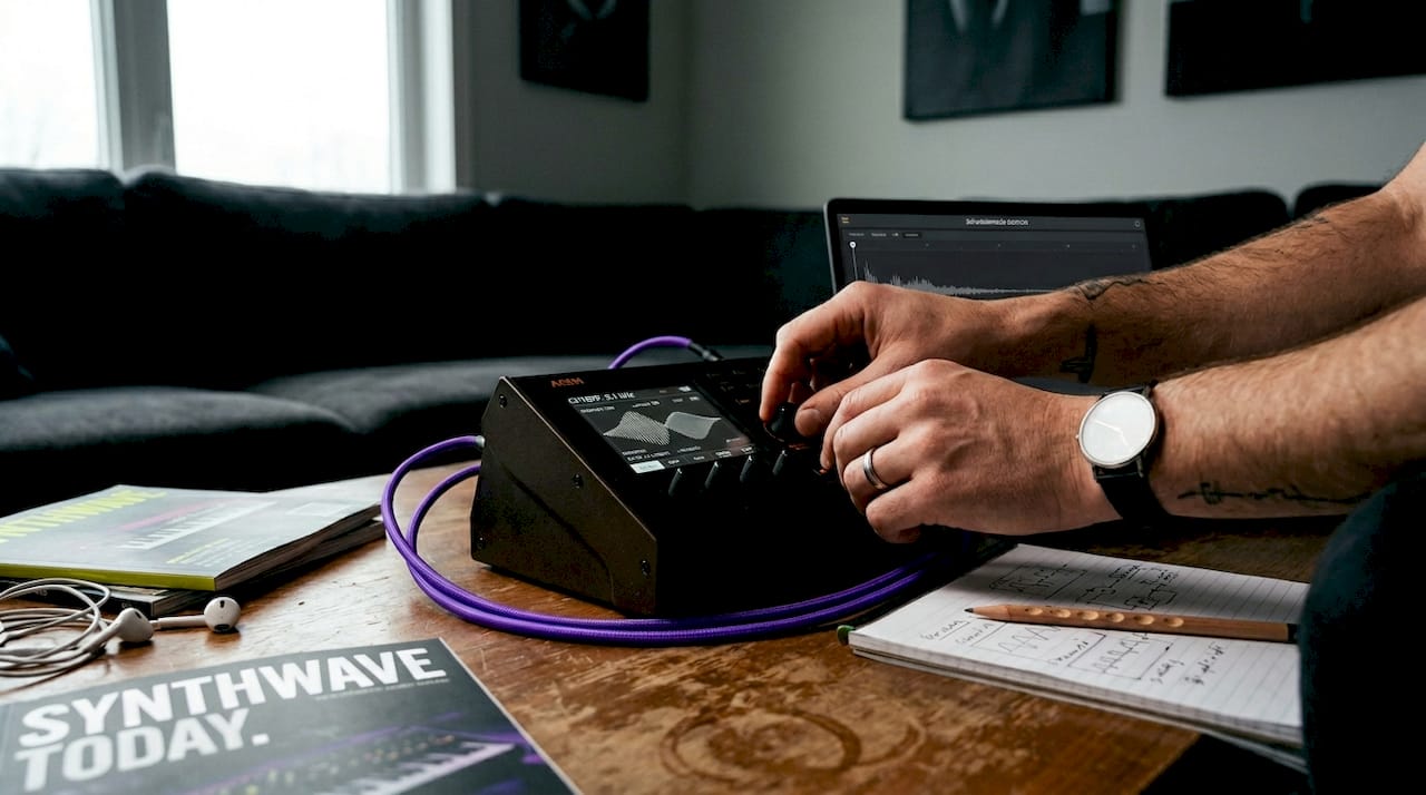 Hands tweaking synthesizer controls on coffee table