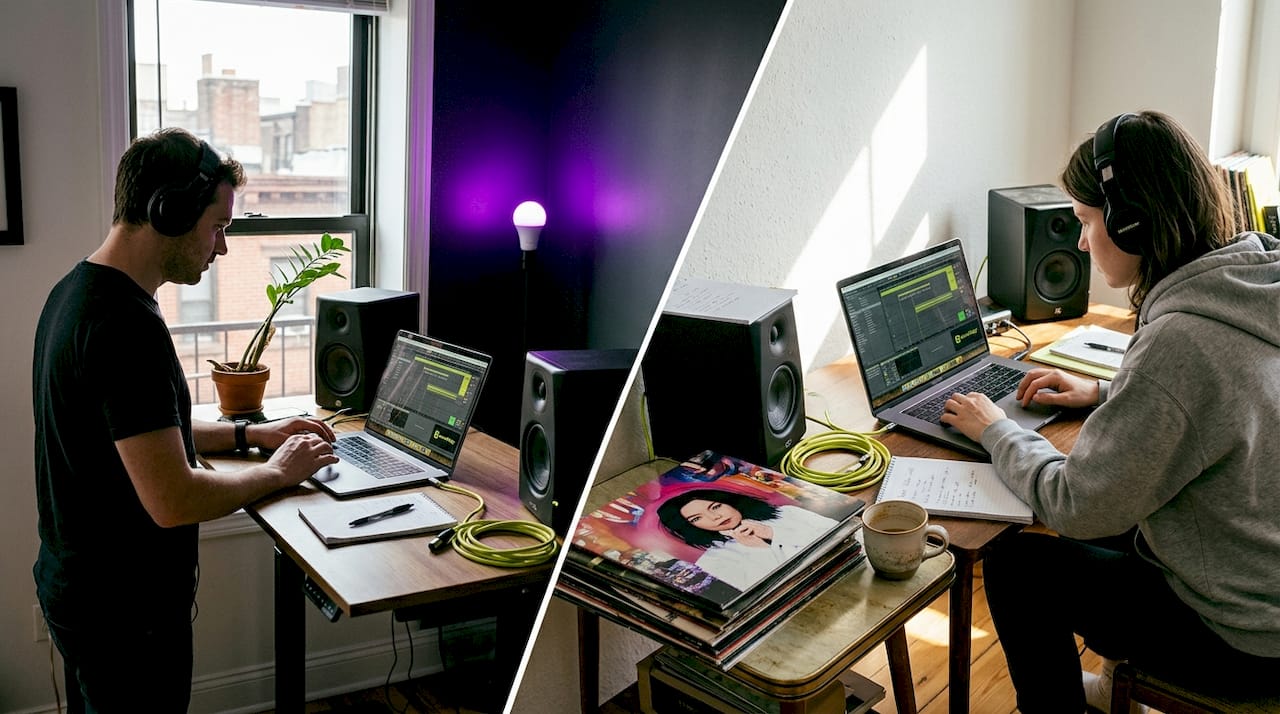 Remote producers editing music in separate home studios