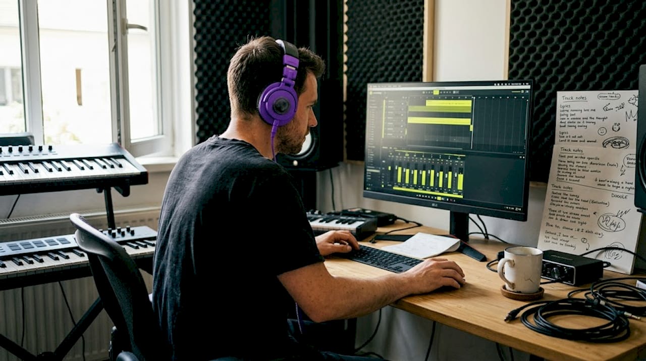 Music producer adjusting EQ in home studio