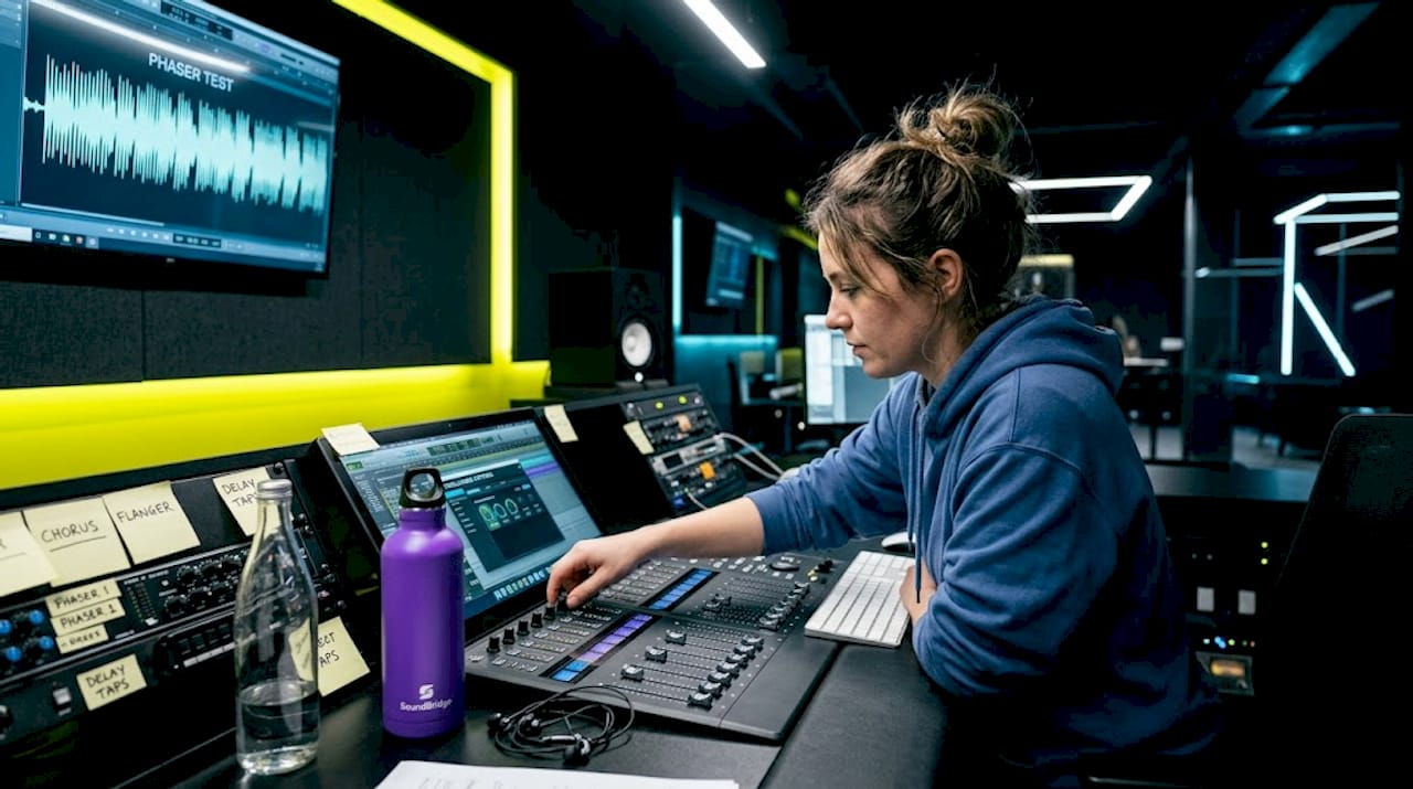 Engineer tweaking modulation settings at workstation