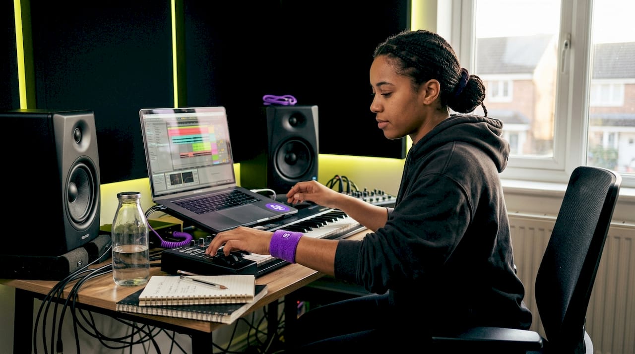 Audio producer works in home studio