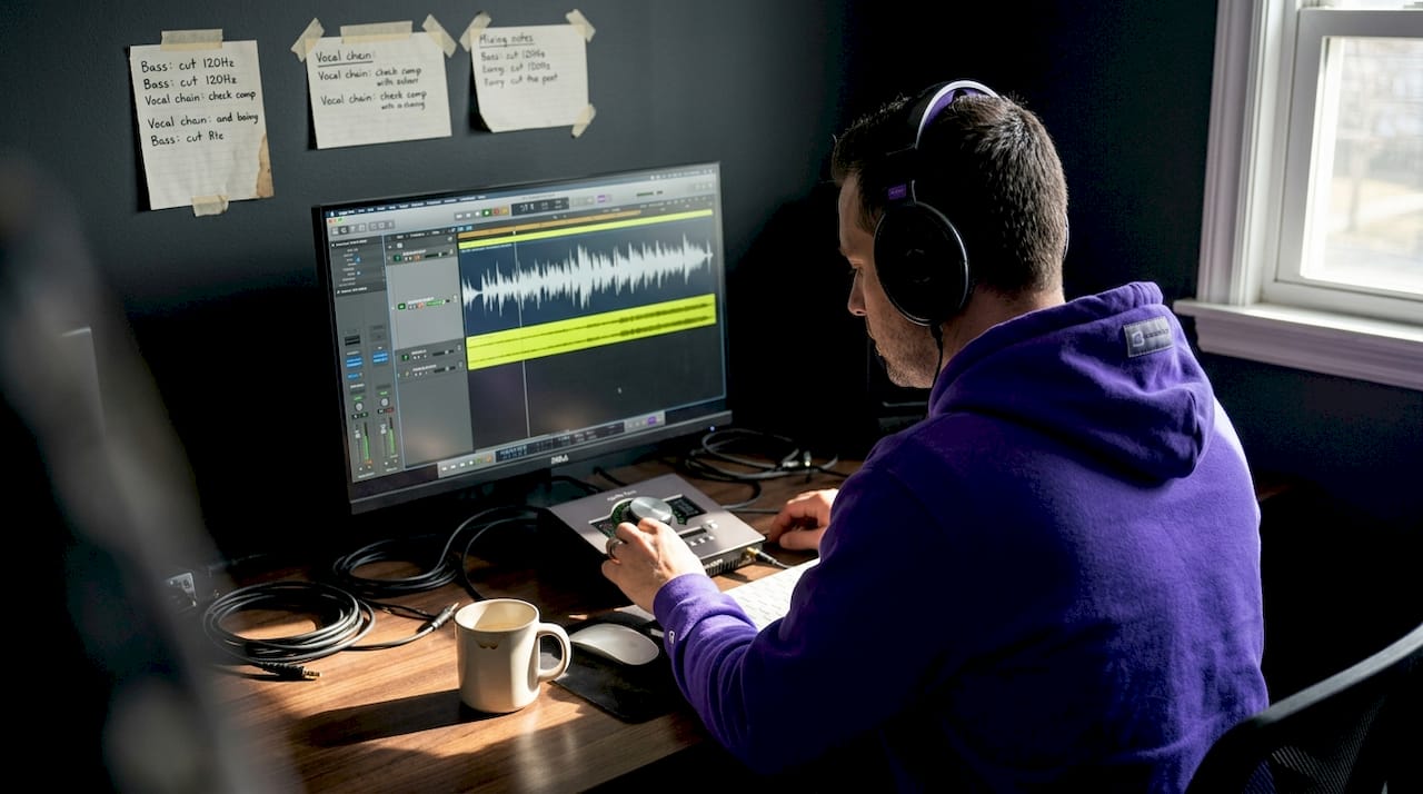 Man adjusting levels at home audio studio desk