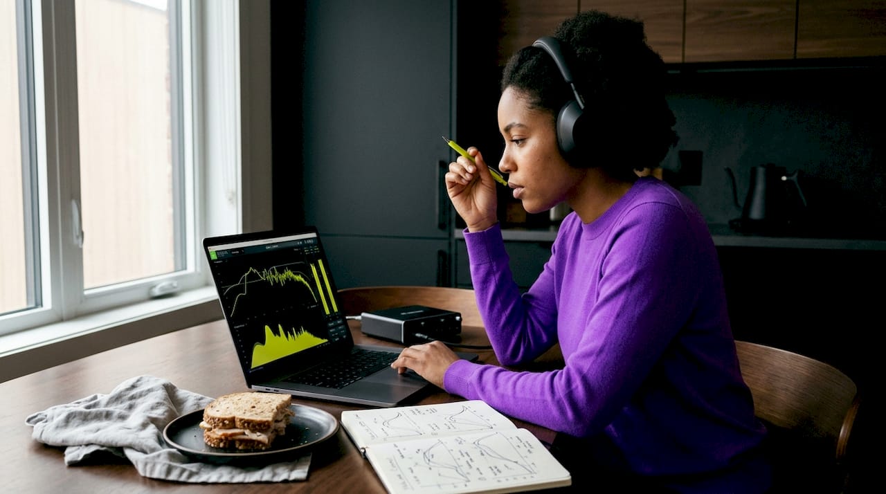 Woman reviewing audio dynamics at kitchen table