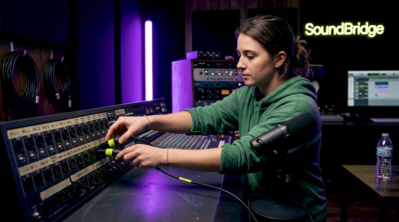 Technician routing talkback mic cable at mixing console