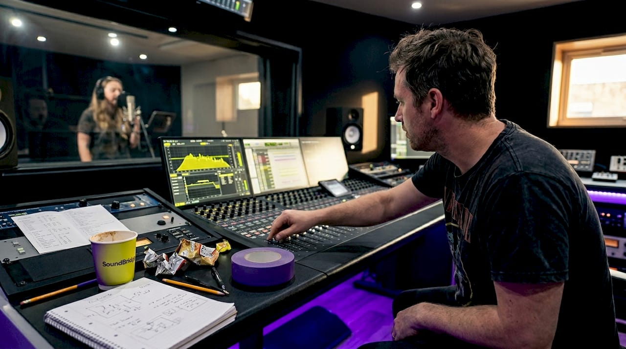 Audio engineer using talkback in studio control room