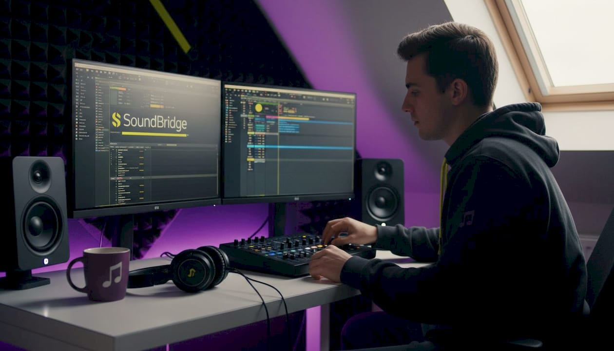 Producer working in home music studio workspace