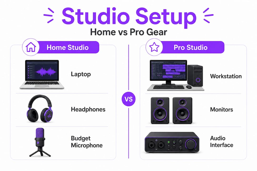 Infographic comparing home and pro studio setups